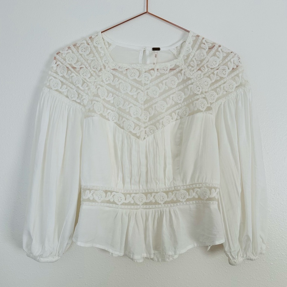 Free People romantic peasant boho blouse top embroidered lace mesh detailing - Picture 6 of 10